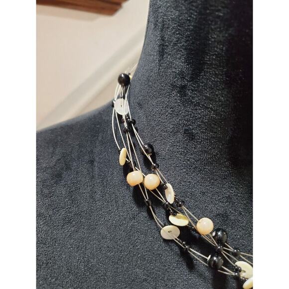 Women's Black & Beige Beaded Multilayered Stylish Short Necklace - Picture 3 of 7